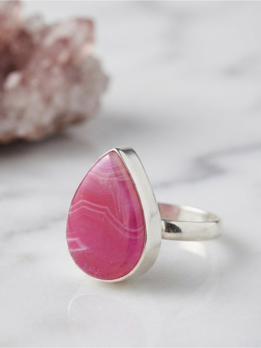 Stunning Pink Agate Teardrop Ring – Solid Sterling Silver - Picture 3 of 9